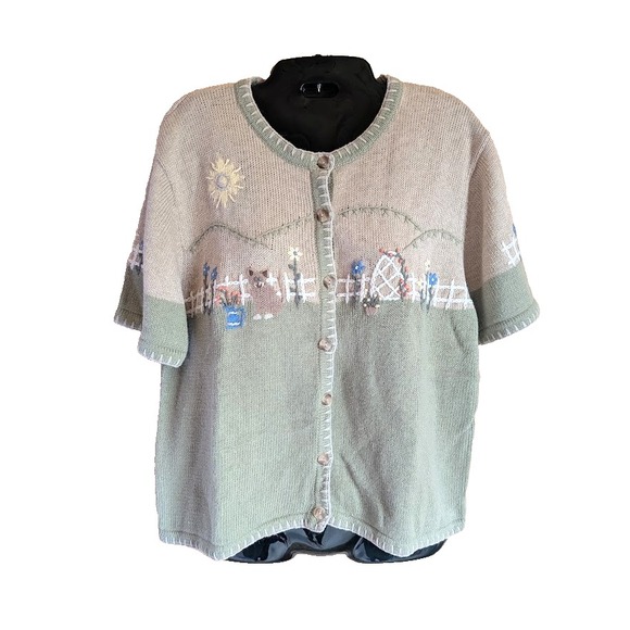 Christopher & Banks Sweaters - Christopher Banks Cardigan Womens L Garden Cat Hand Embroidered Y2K Vtg Spring
